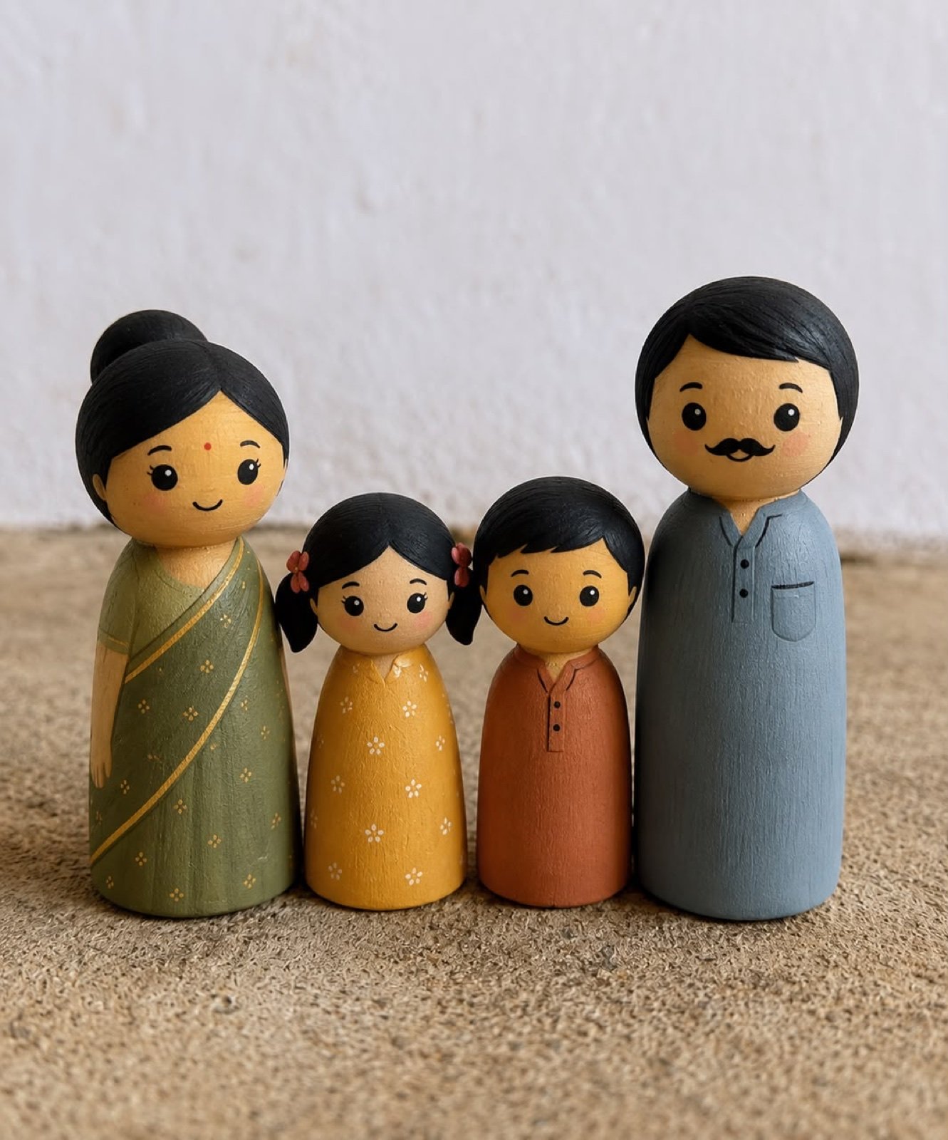 Custom family dolls turned from wood and painted by a Channapatna maker
