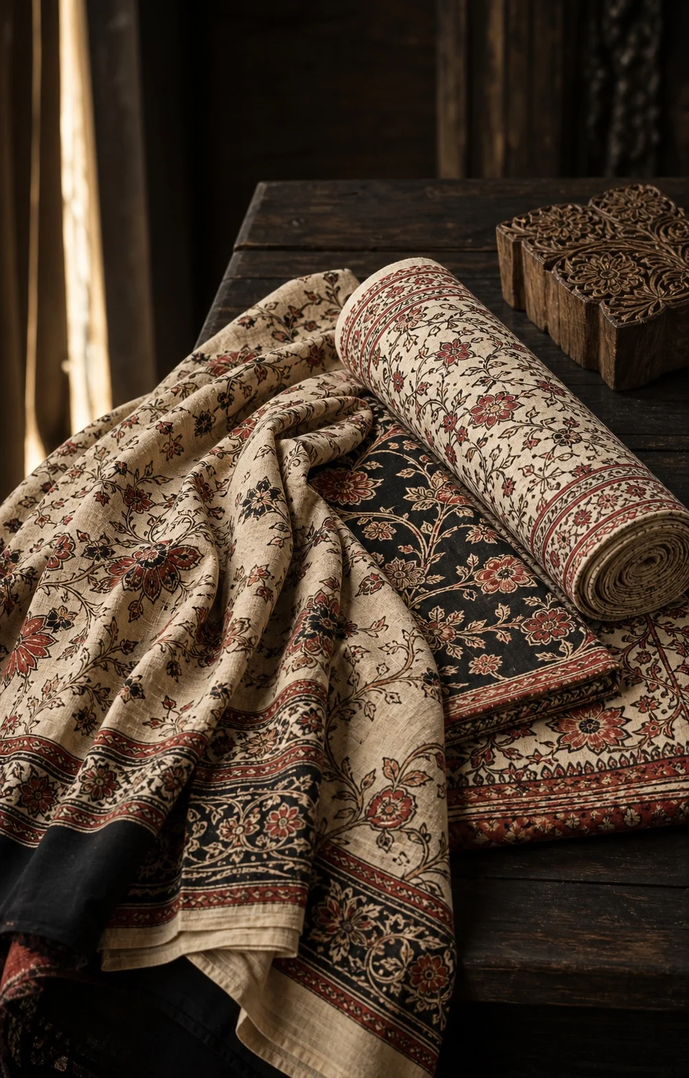 Kalamkari printed cotton textiles arranged with carved wooden printing blocks