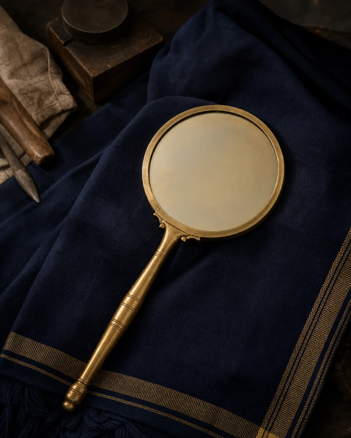 Editorial visual of an Aranmula-style Vaal Kannadi metal hand mirror on Kerala cloth
