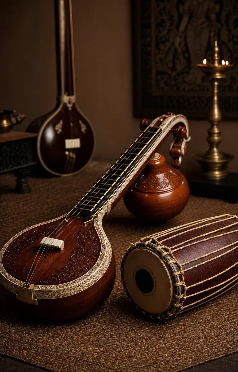 Saraswati veena and mridangam in a classical music room