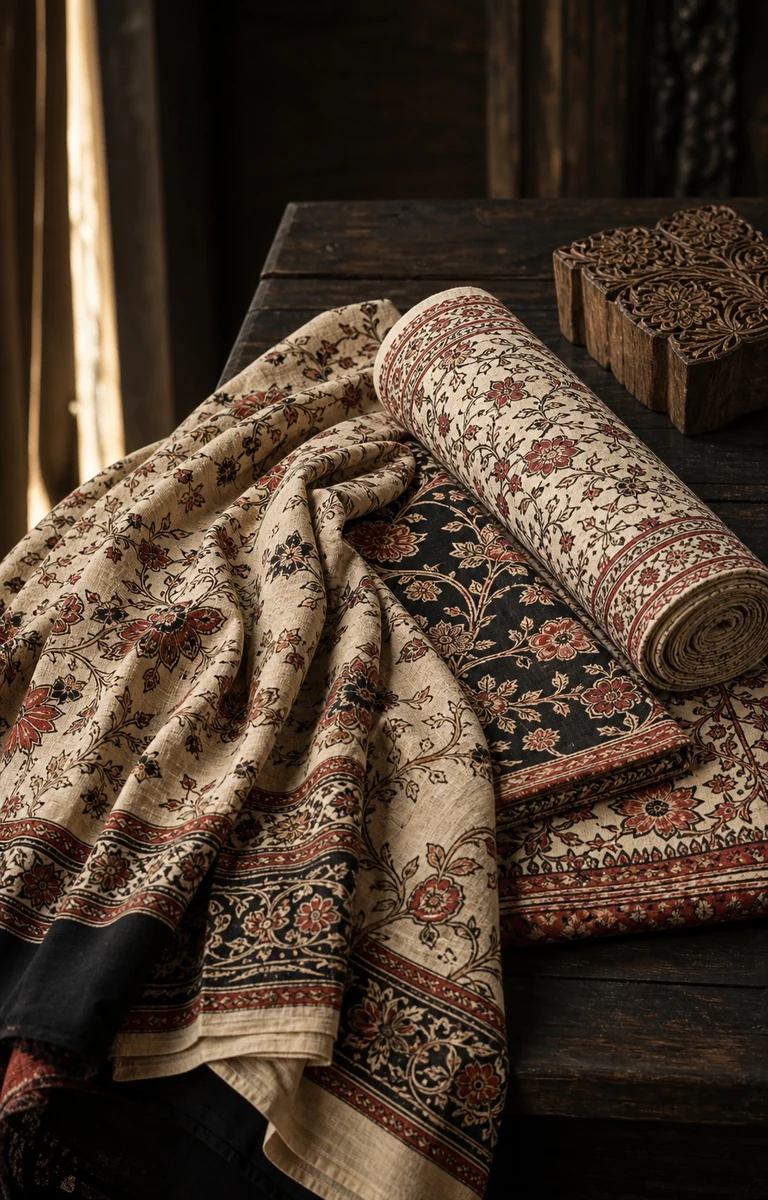 Kalamkari printed cotton textiles arranged with carved wooden printing blocks