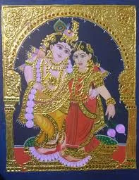 Hand-painted Tanjore Krishna and Radha artwork with gold leaf