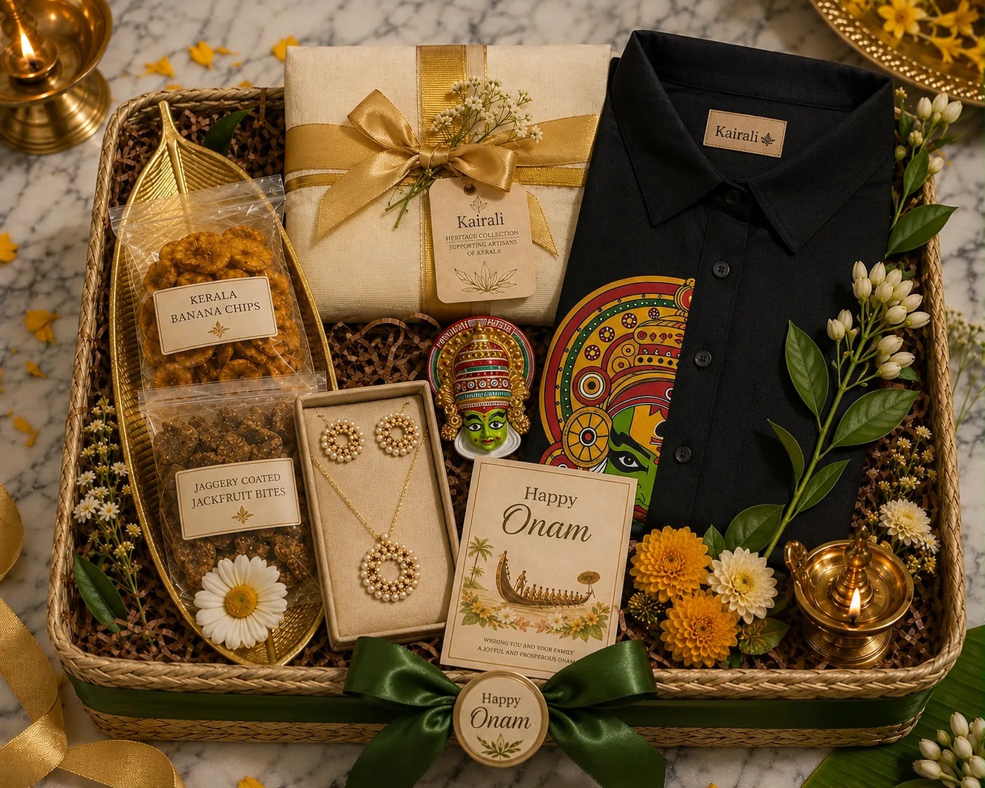 Kairali Onam gift hamper for the UAE - a woven Kerala basket with a kasavu mundu or heritage shirt, a pearl necklace and earring set, Kerala banana chips, jaggery-coated jackfruit bites, a Kathakali magnet and a Happy Onam card