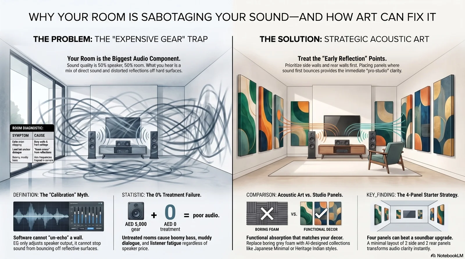 Why your room sabotages your sound and how acoustic art panels fix it, the expensive-gear trap (tangled reflections) versus strategic acoustic treatment at the early reflection points